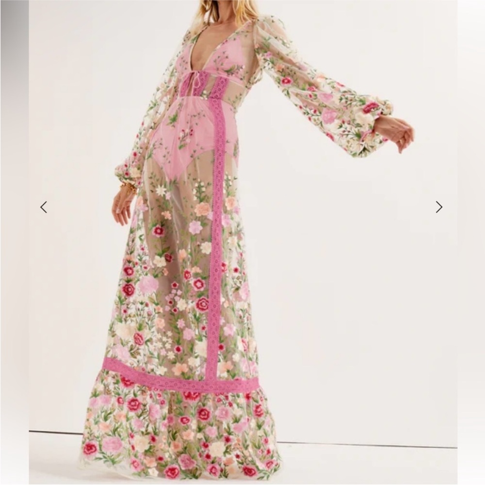 Elegant Floral Sheer Maxi Dress in Pink